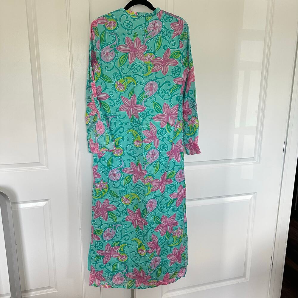 Vintage Lilly Pulitzer (M) Teal Kaftan Maxi Dress / Resortcore Coverup Preppy - Picture 2 of 10